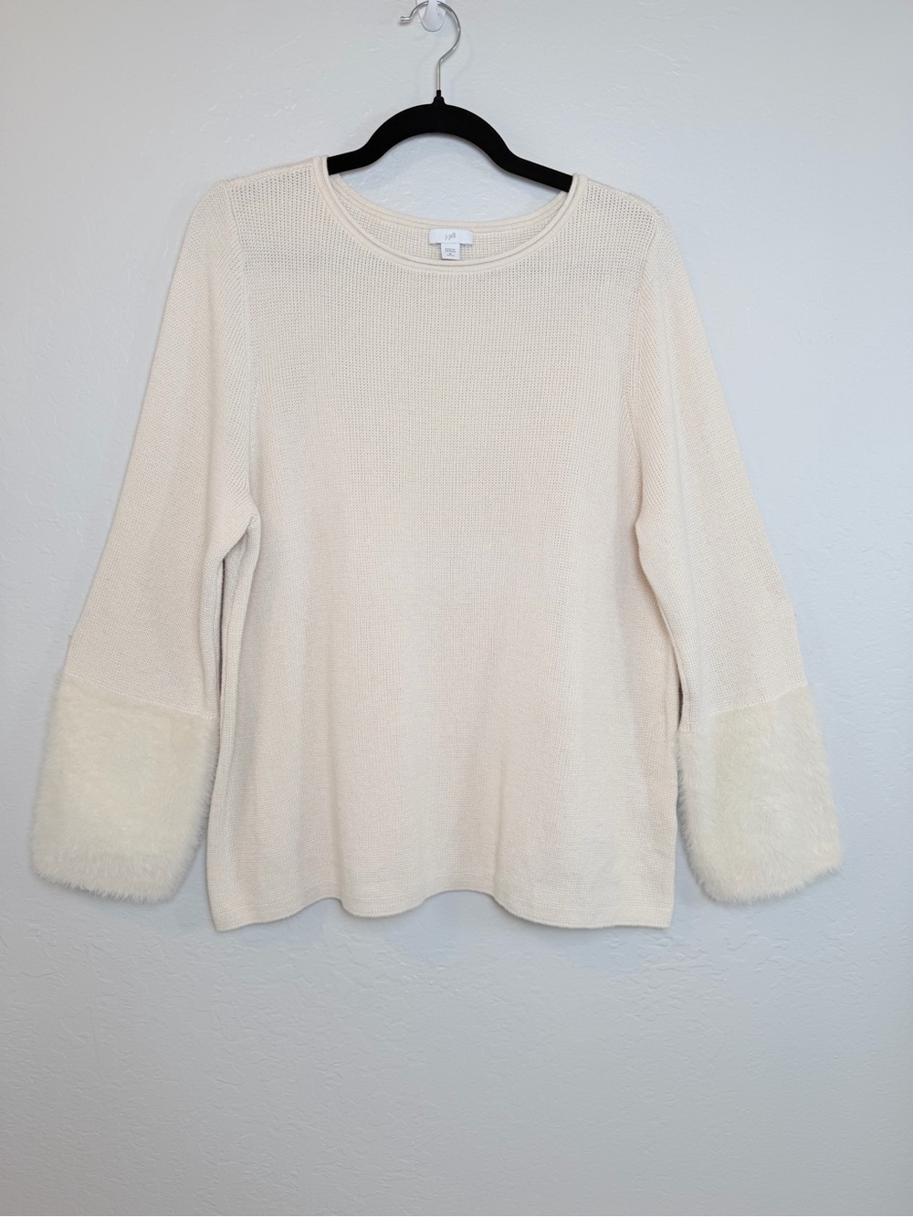 J. Jill Cream Knit Sweater Plush Faux Fur Cuffs Crewneck Petite XLP